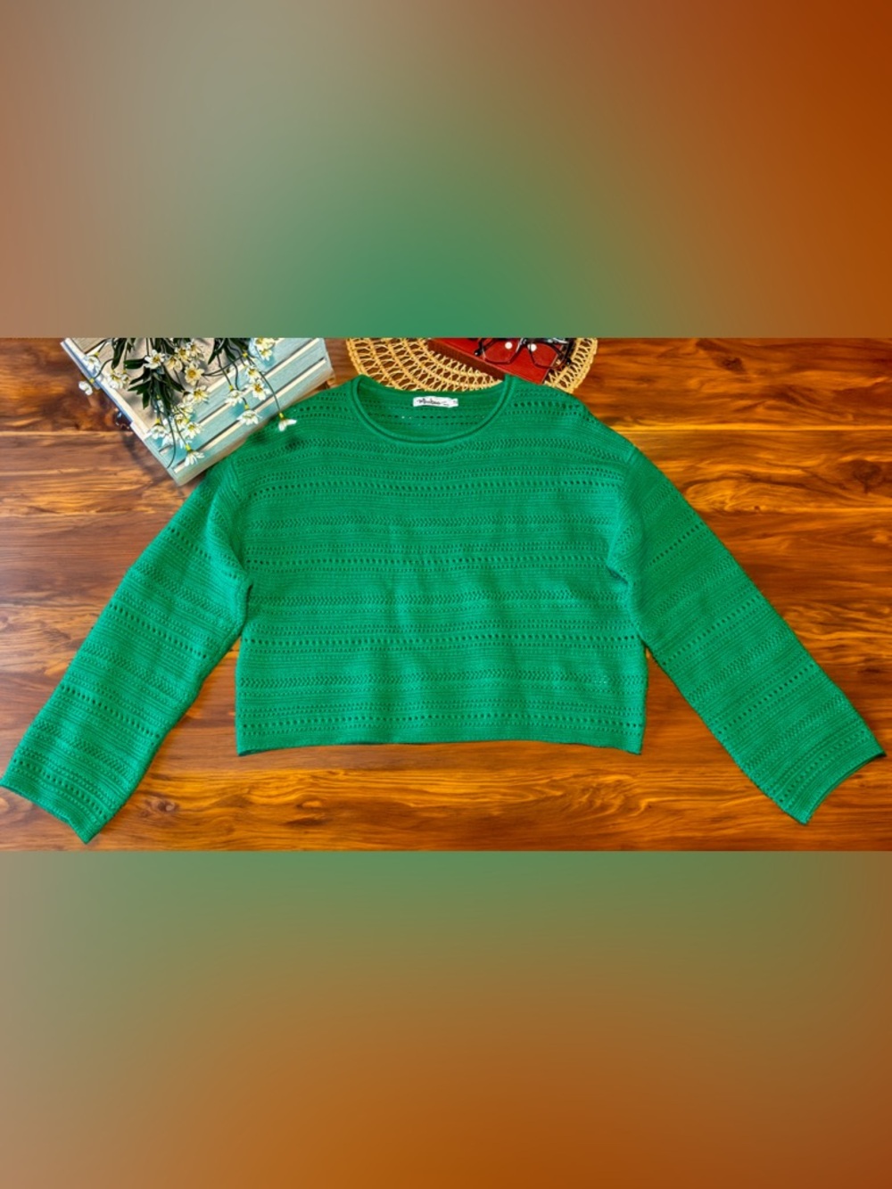 Misskoo Emerald Green Open-Knit Crewneck Sweater